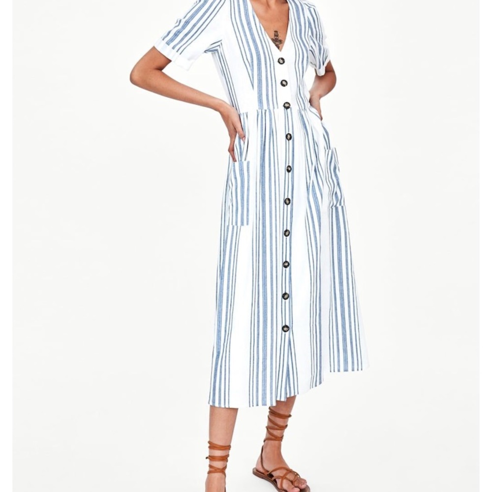 Zara striped linen button front midi dress,large
